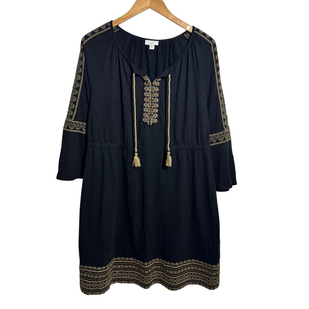 J. Jill Embroidered Knit Peasant Dress L Black Modest Minimal 3/4 Sleeve Cottage